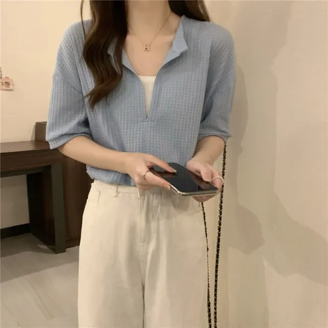 Women's V Neck Short Sleeved T Shirt Loose Tops Blue - Shop at LoveMi