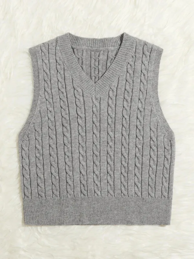 SpringSummer Knitted Cabled Vest Pullover With V Neck Gray - Shop at LoveMi