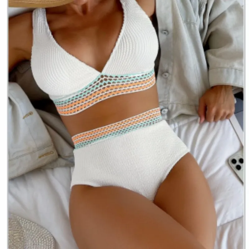 High Waist Split Bikini Solid Color - White