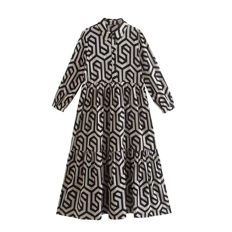 Women's Long Sleeve Turn-down Collar Green Geometric Pattern Shirt Dress - Black