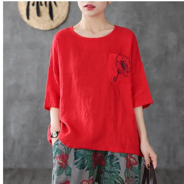 Women's Fashion Casual Embroidered Cotton And Linen T-shirt - Red
