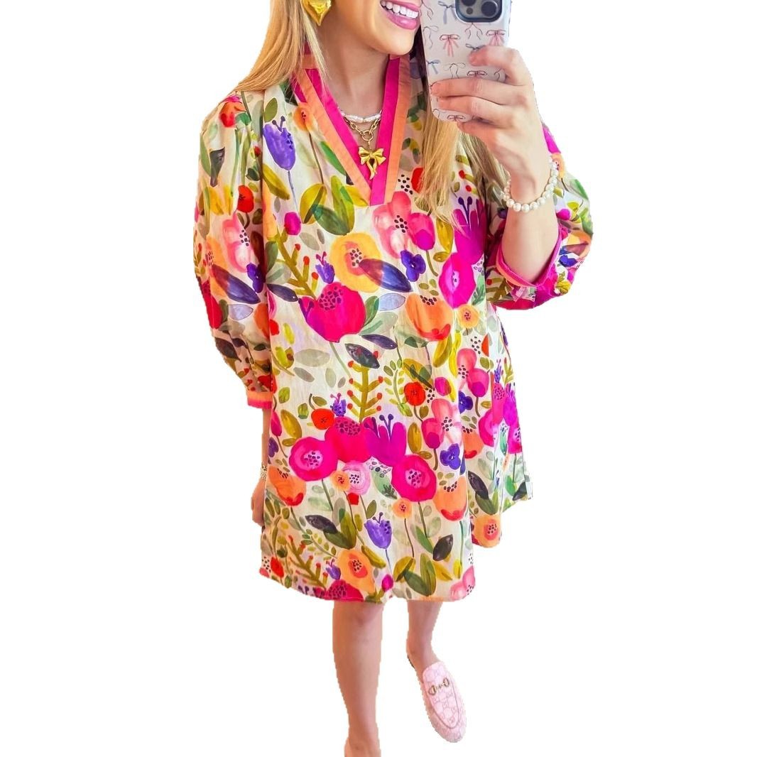 Floral Shading Three-quarter Sleeve 3D Printing Elegant Dress