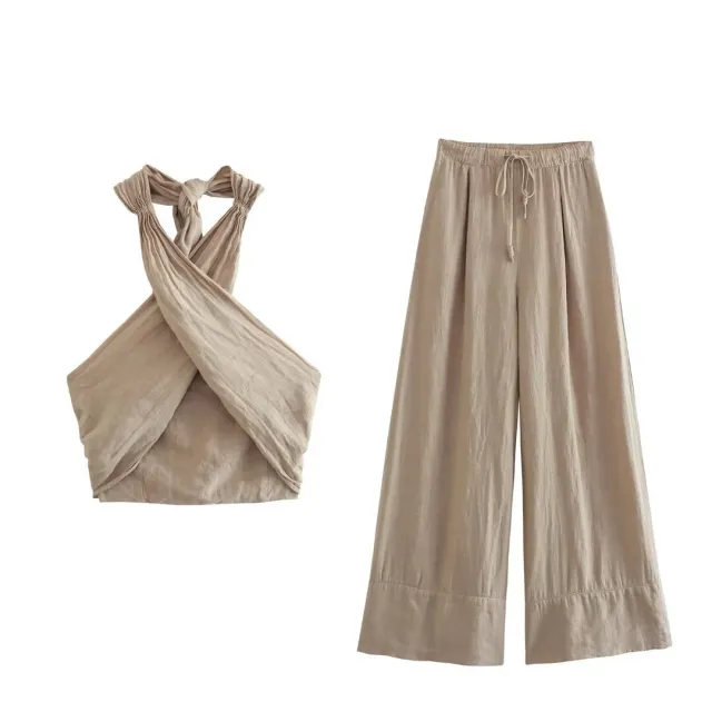 Hanging Collar Linen Top Wide Leg Pants Suit Khaki Suit - Shop at LoveMi
