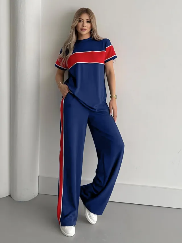 Fashion Casual Striped Stitching Women's Suit Blue - Shop at LoveMi