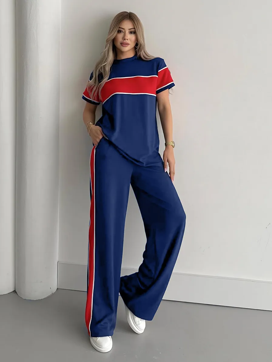 Fashion Casual Striped Stitching Women's Suit - Blue