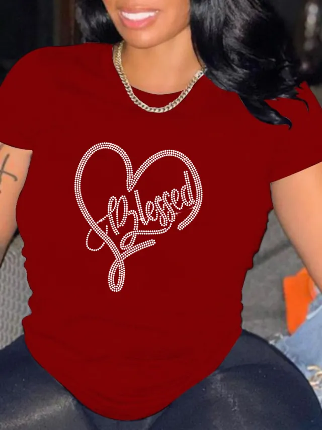 Rhinestone Round Neck T shirt Red - Shop at LoveMi