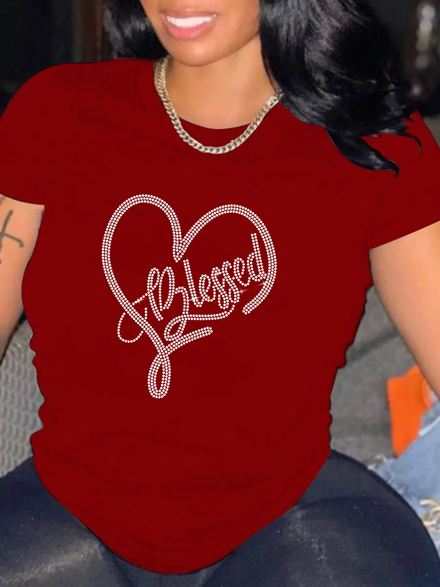 Rhinestone Round Neck T-shirt - Red