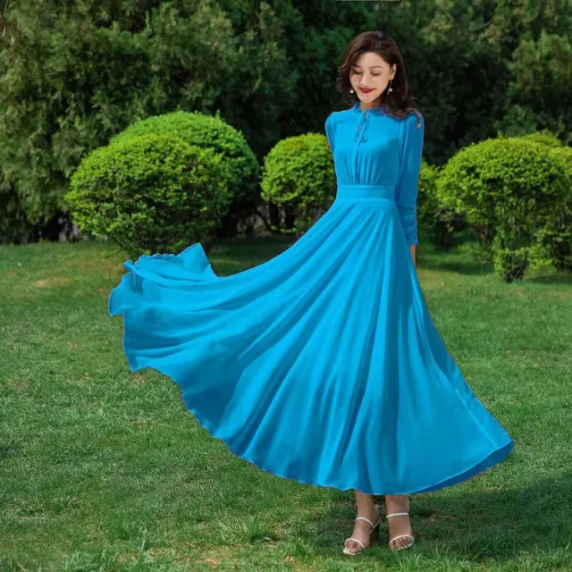 Womens Fashion Chiffon Beach Long Sleeve Dress Blue - Shop at LoveMi