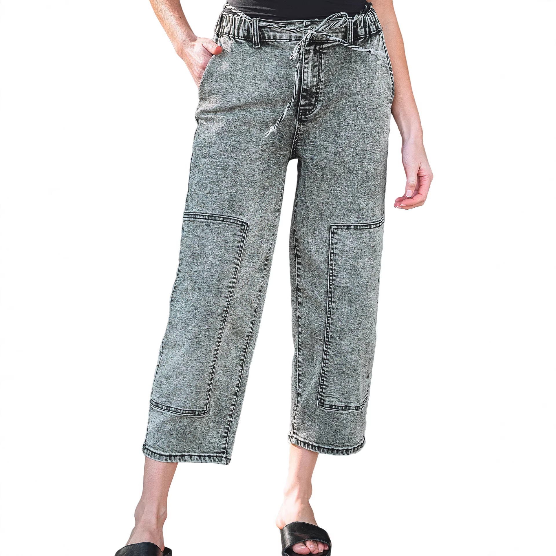 Washable Straight-leg Pants With Multiple Pockets And A Drawstring