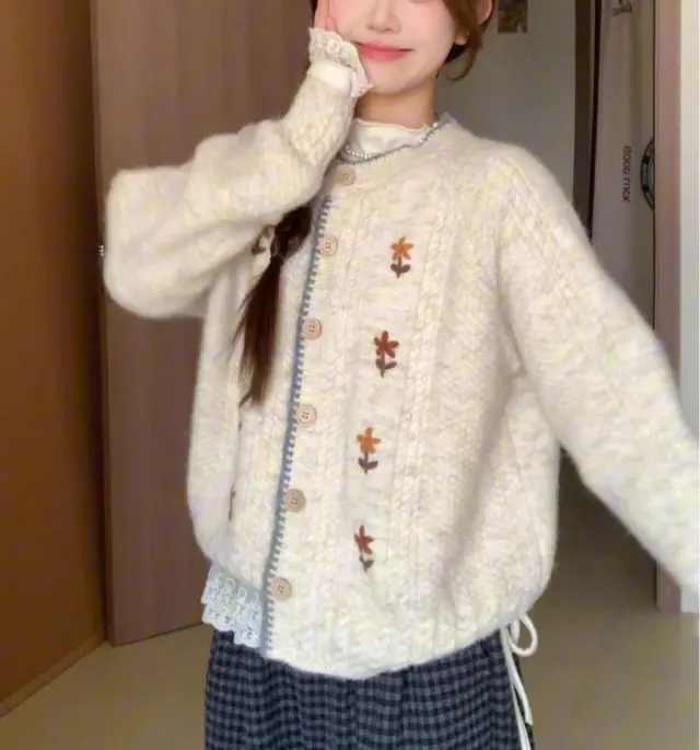 Japanese Style Soft Glutinous High grade Round Neck Flower Knitted Cardigan Sweater Coat For Women Oatmeal Color - Shop at LoveMi