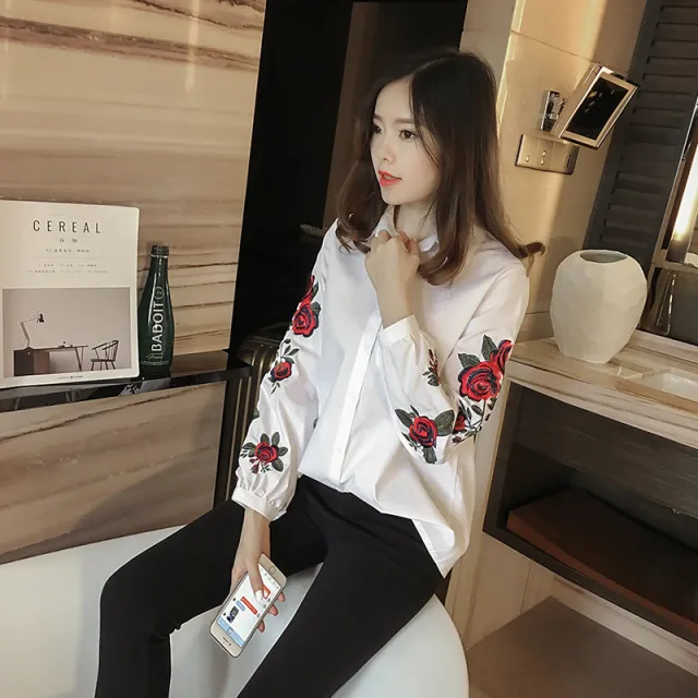 Striped Shirt Women's Long Sleeve Loose Flower Embroidered French Top White - Shop at LoveMi