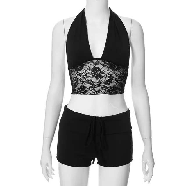 Halter Lace Cropped Cropped Top Ultra short Tights Suit Black - Shop at LoveMi