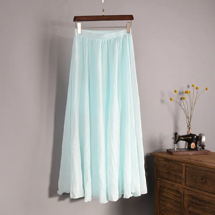 Plus Size Mori Girl Linen A- Line Skirt Pleated - Blue