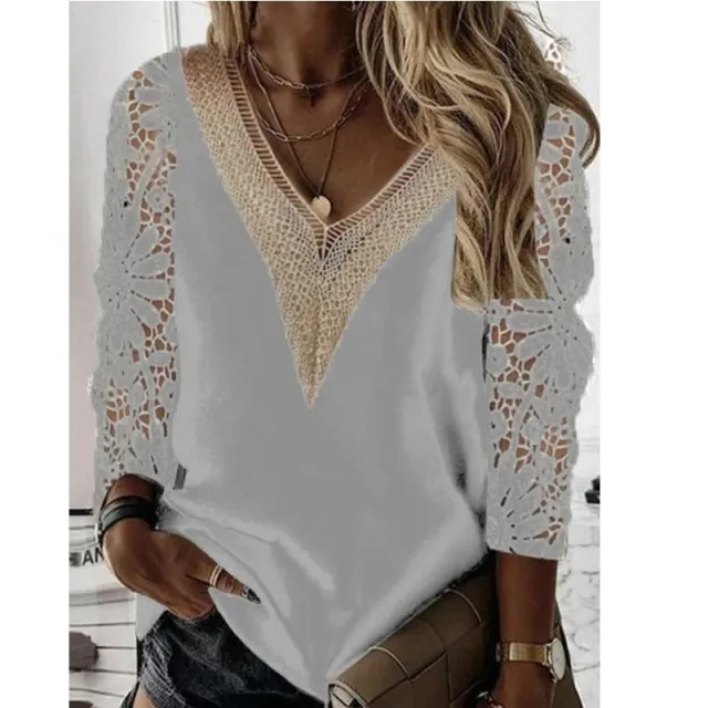 Commuter Nine quarter Sleeve V neck Stitching Hollow Lace Chiffon Shirt Pullover Gray - Shop at LoveMi