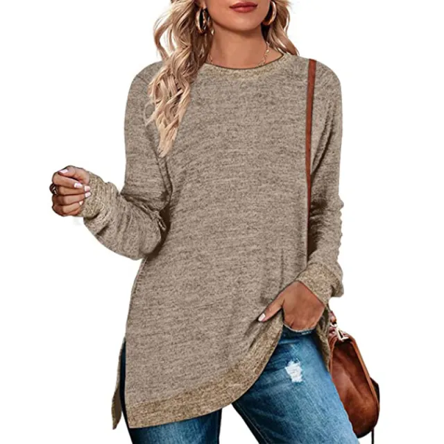 Long Sleeve Round Neck Multicolor Split Top Loose Leisure Pullover T shirt Khaki - Shop at LoveMi