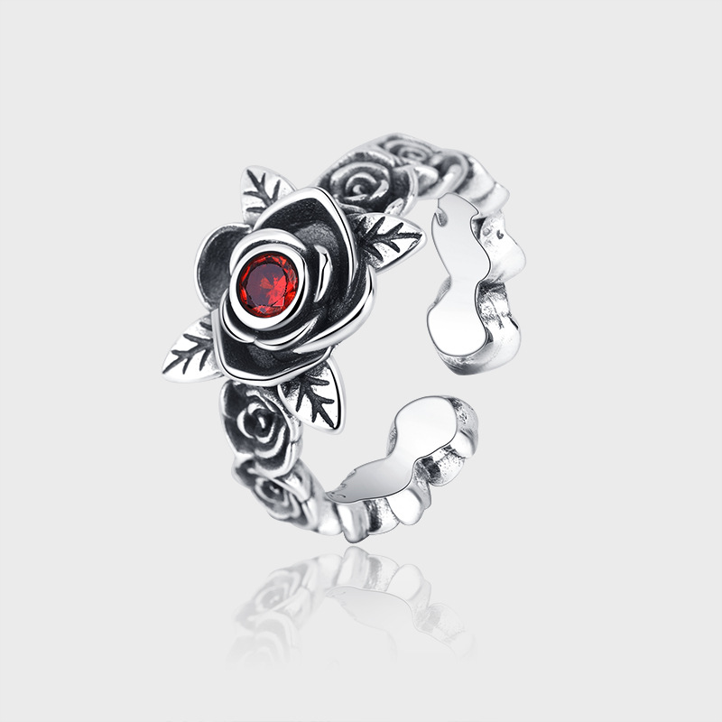 S925 Sterling Silver Red Zirconium Rose Thorn Chain Ring Female