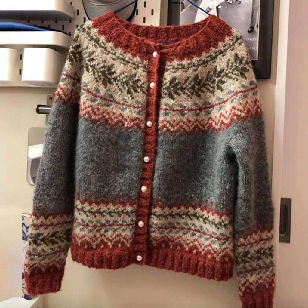 Women's Ethnic Style Brocade Sweater Autumn And Winter Cardigan Single-breasted Sweater - Gray