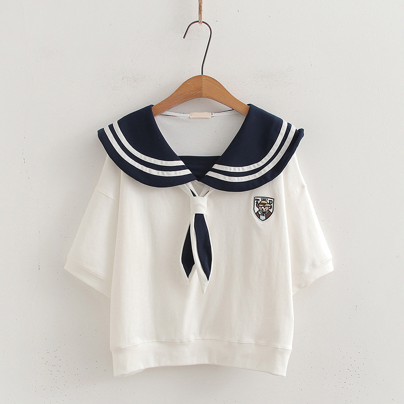College Style Sailor Collar Sweet Girl Embroidery Pullover Top