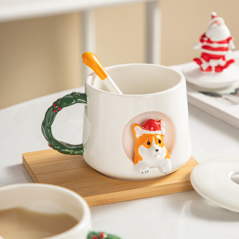 Ceramic Creative Cute Christmas Style Corgi Mug With Cover Spoon
