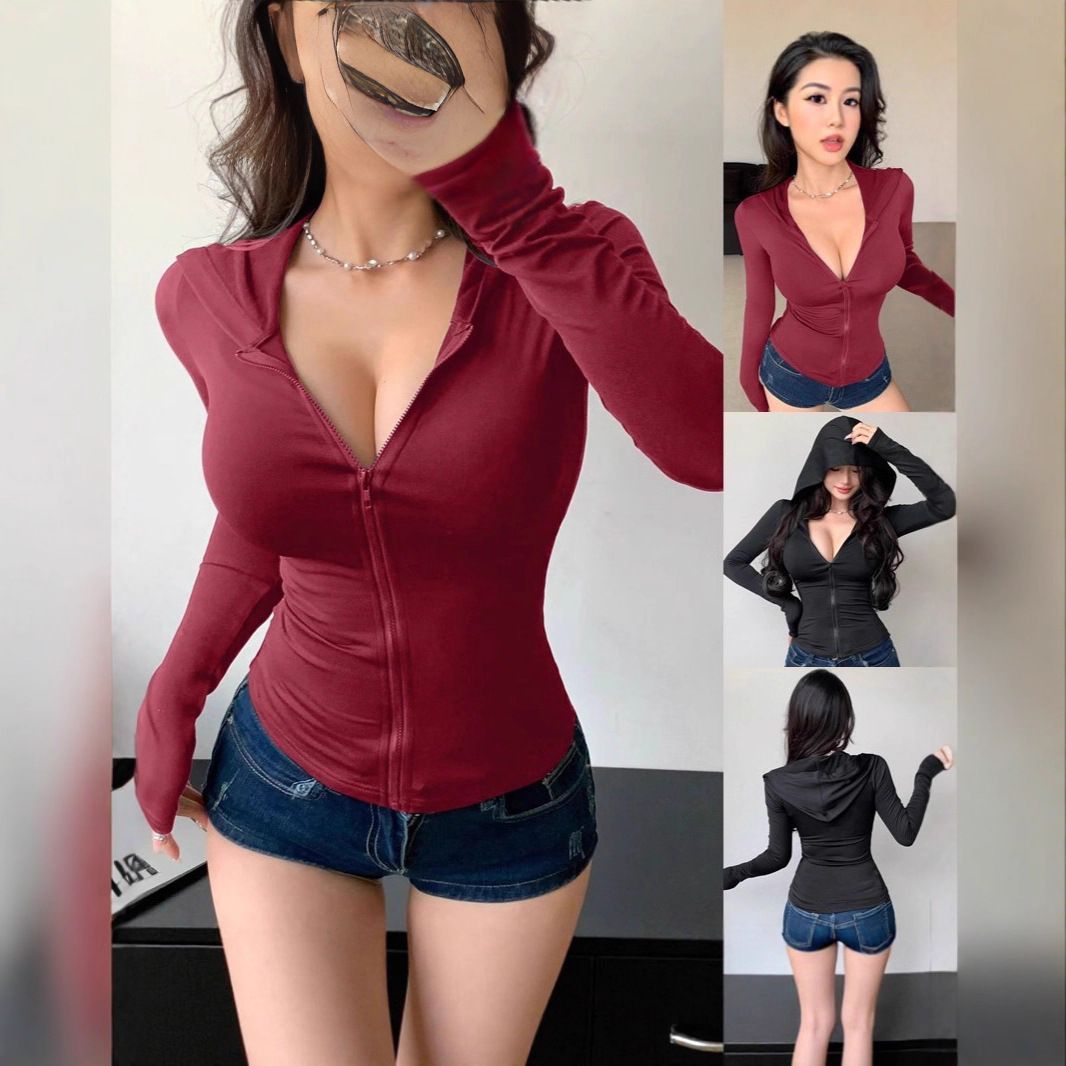 Fashionable Hooded Zipper Long-sleeved Fitted Women's Blouse