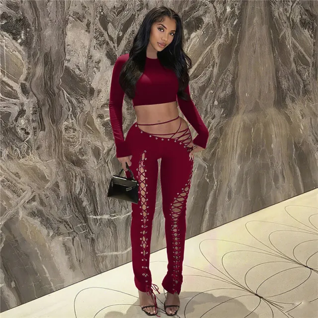 Women's Long sleeved Top Sexy Cutout Lace up Tight Trousers Two piece Set Red - Shop at LoveMi