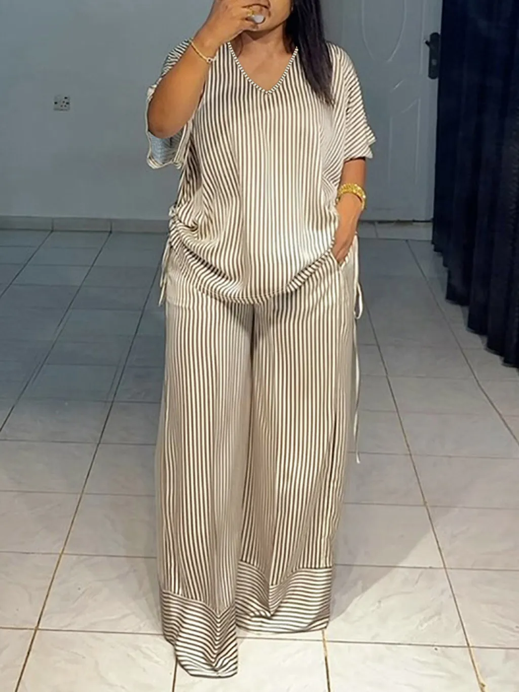 Straight Plus Size Set With Drawstring On Both Sides - Light Brown