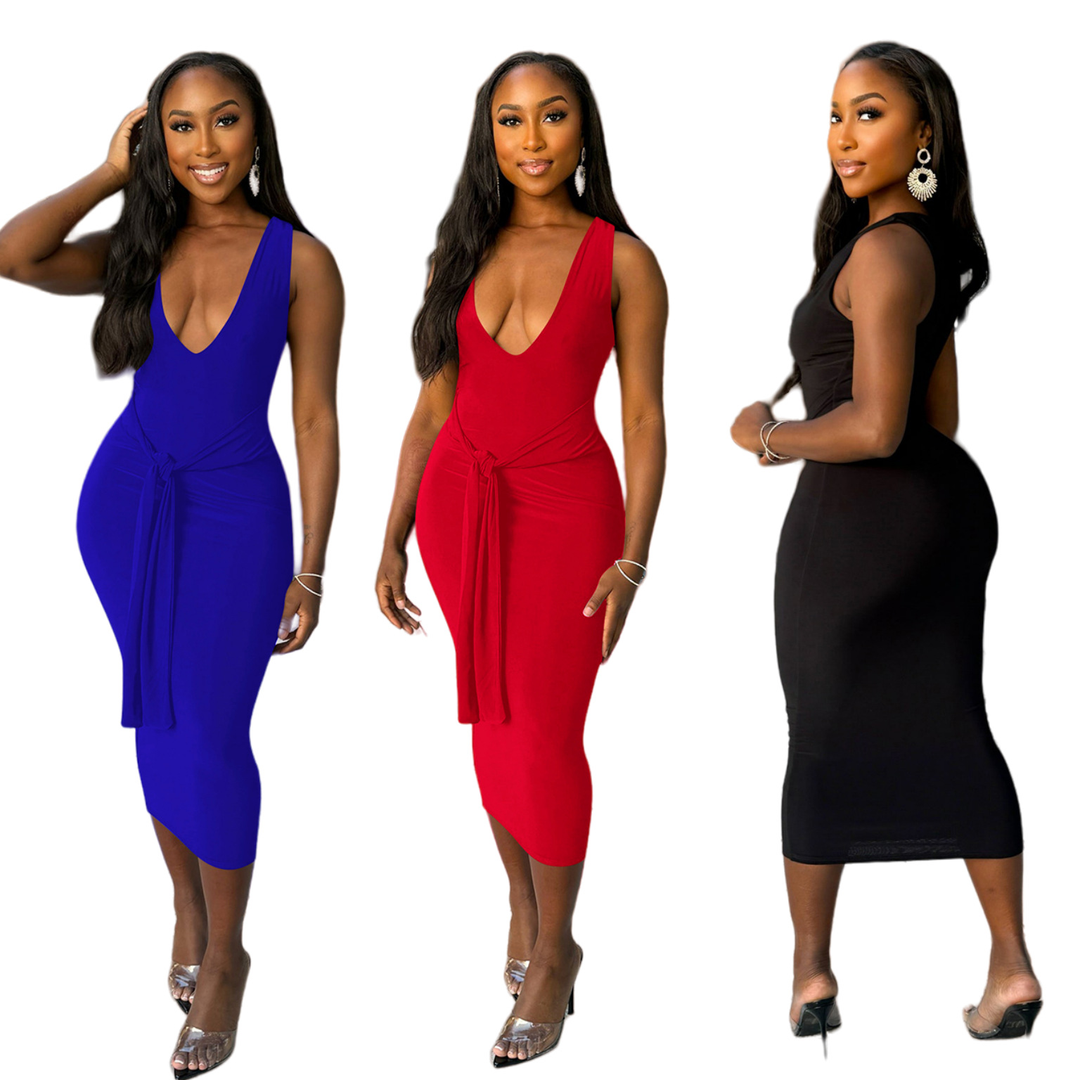 Fashionable V-neck Solid-color Long Dress 75859f27 C478 4216 8011 Cbb7b0704429