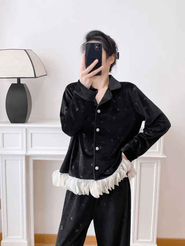 Thickened, Heat retaining French style Butterfly embossed Loungewear Set For Both Indoor And Outdoor Wear Black - Shop at LoveMi