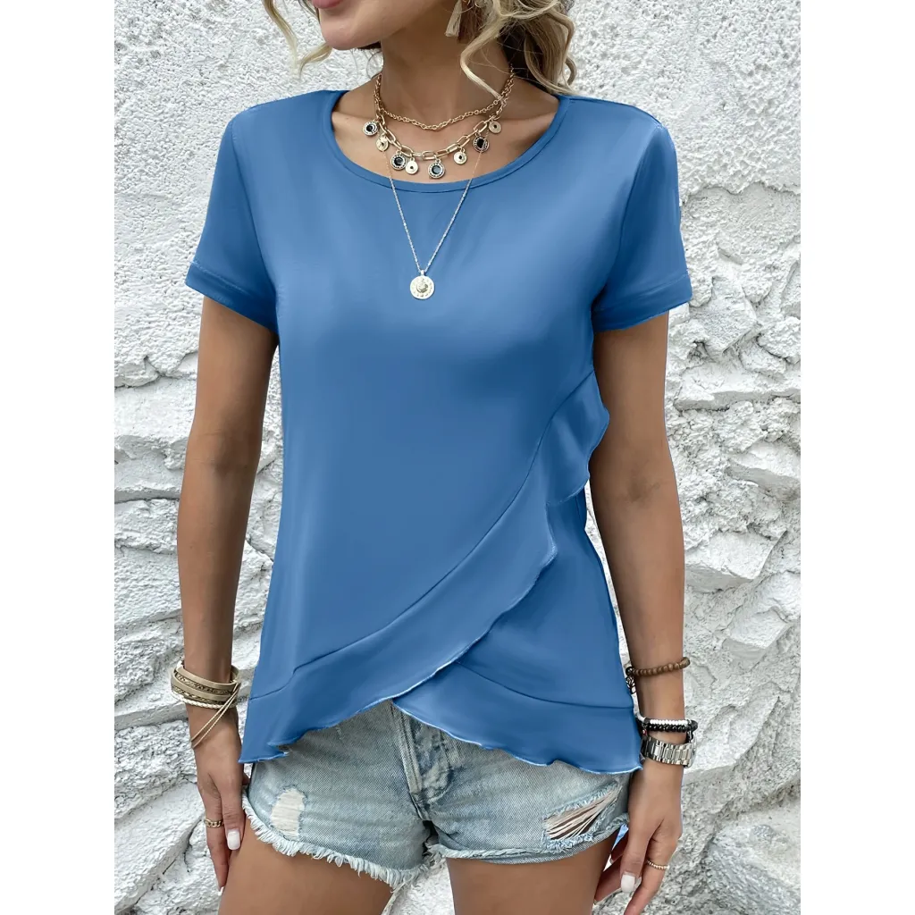 Women's Summer New Slim Fit Slimming Flounce Short Sleeve T-shirt Top - Sapphire Blue
