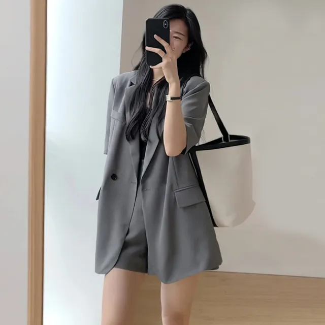 Suit Jacket Shorts Suit Casual Loose Two piece Suit Women Gray - Shop at LoveMi