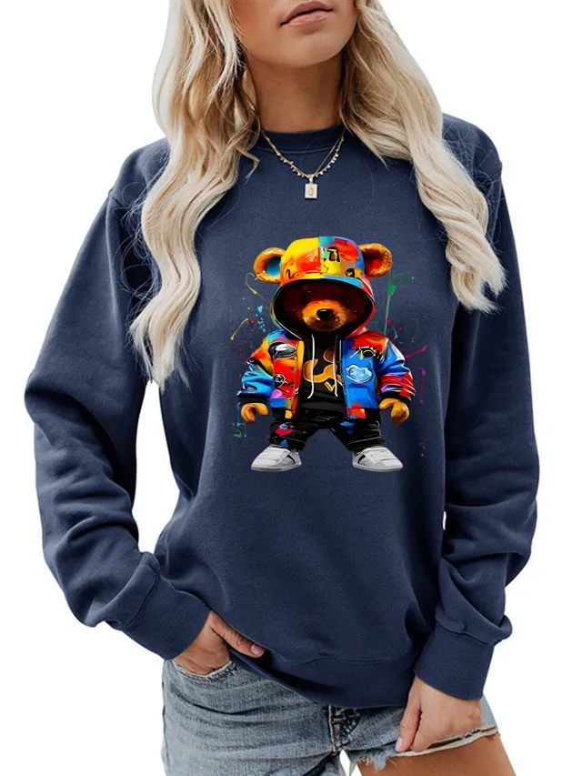 Women's Clothing Heel Wrapped Collar Brushed Hoody Round Neck Cartoon Blue - Shop at LoveMi