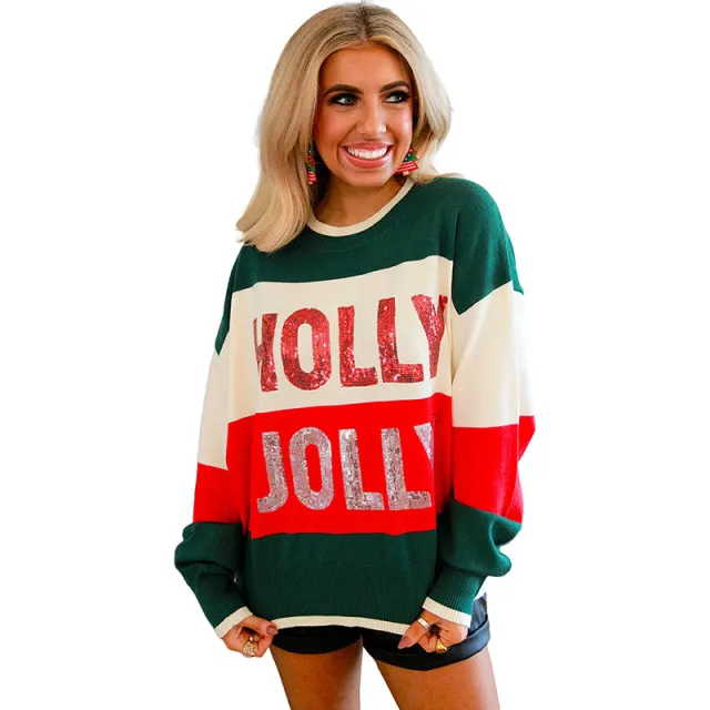 Women's Round Neck Alphabet Sequins Long sleeved Top P922 - Shop at LoveMi