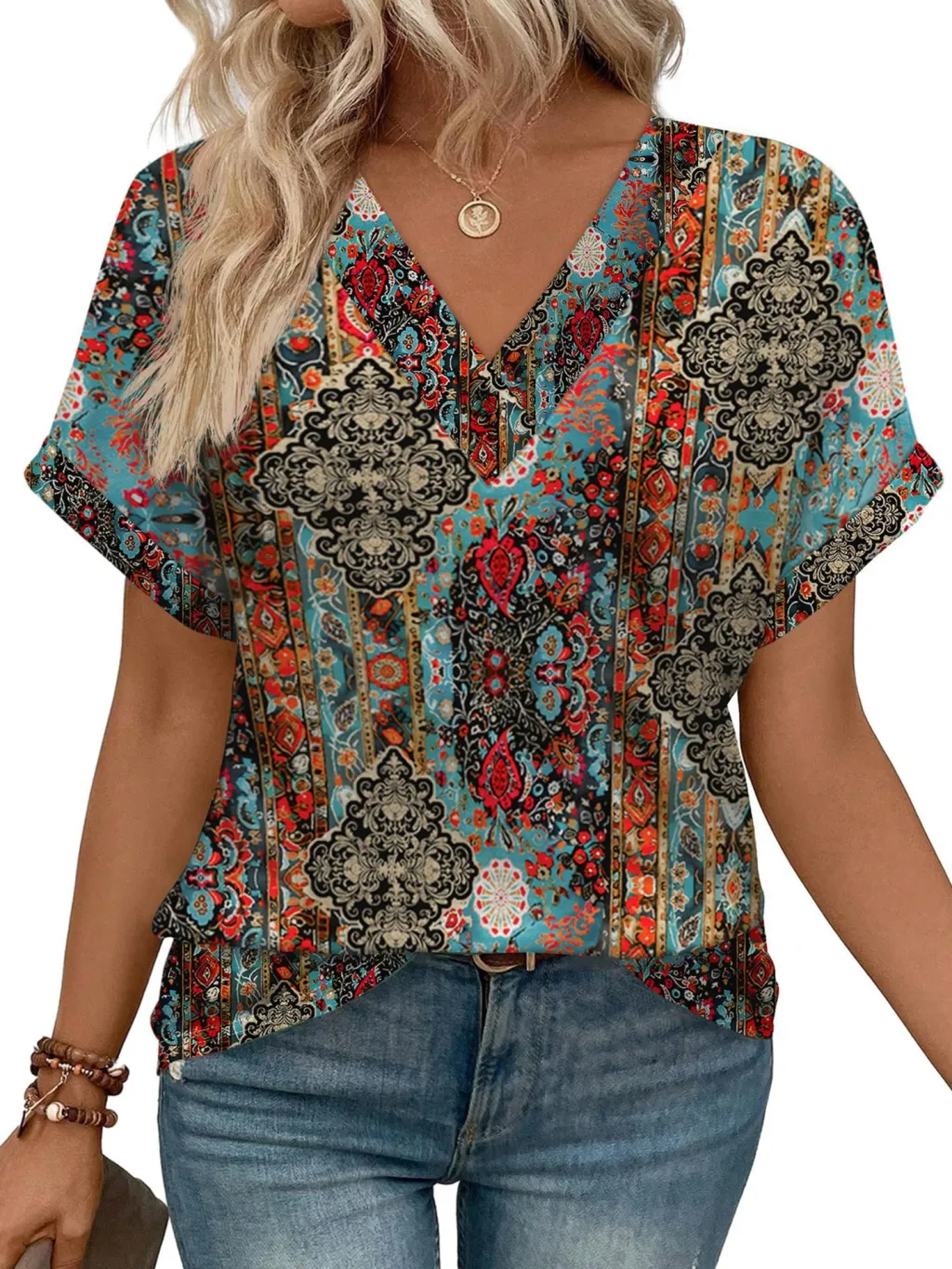 Women's Casual Round Neck Striped T-shirt Top - Bohemian Green