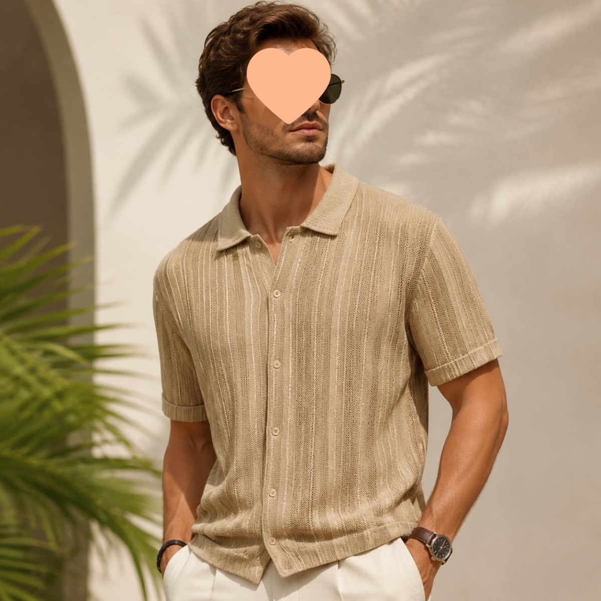 Mens Casual Hollow-out Lapel Short-sleeve