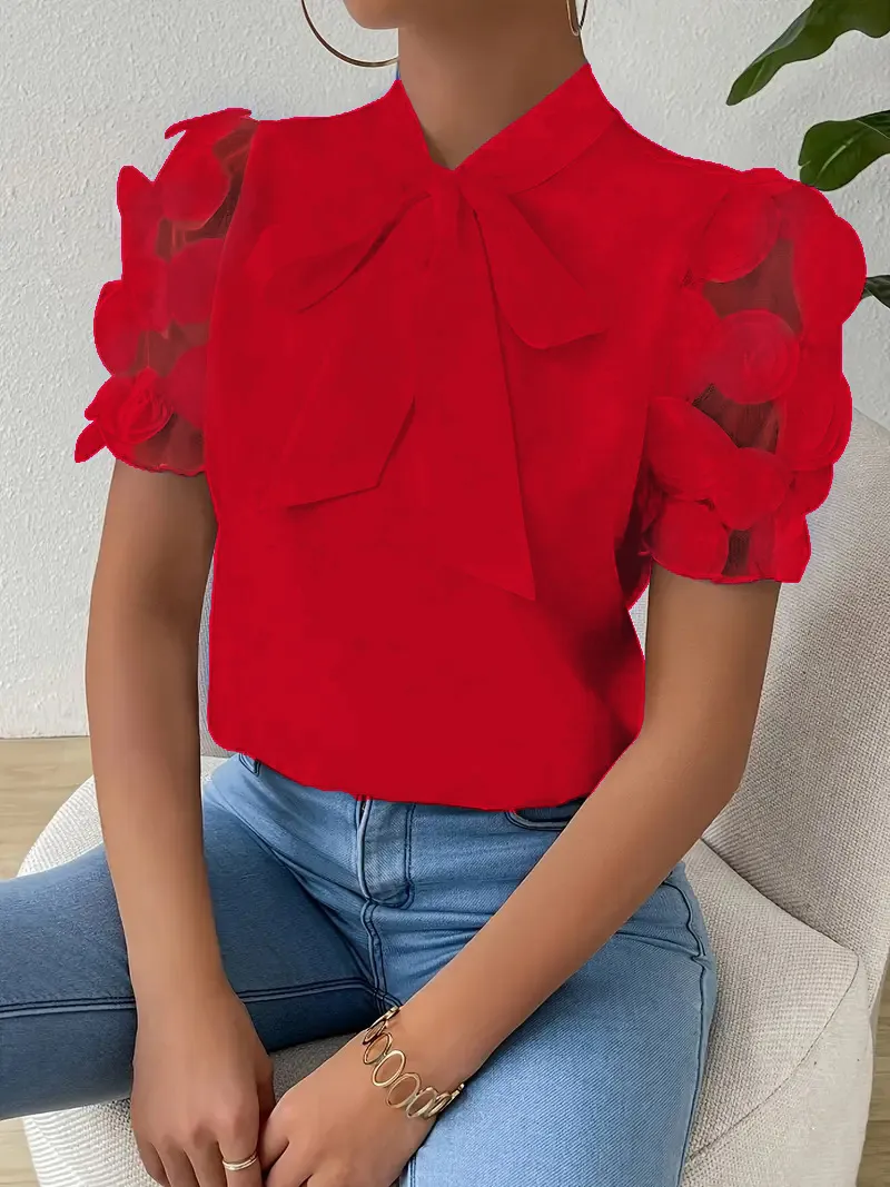 Summer Pure Color Tied Bow Short Sleeve Shirt For Women - Red