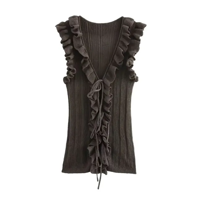 Women's Frill Tie With Sleeveless Knitted Cardigan Top Taupe M - Shop at LoveMi