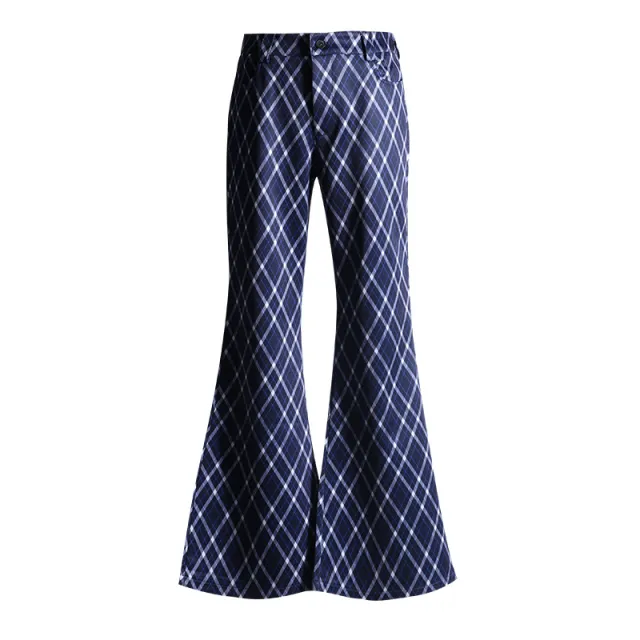 Commuter High grade Women's Plaid Bell bottom Pants Blue Lengthened - Shop at LoveMi