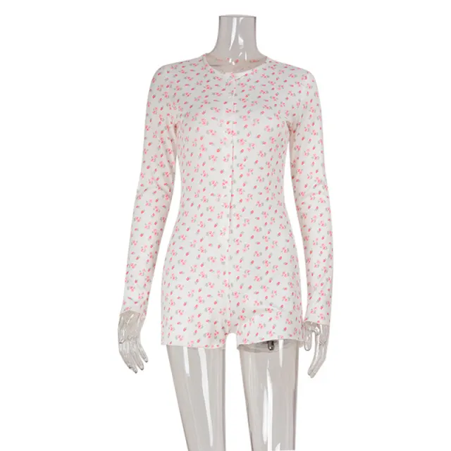 Casual Home Wear Printed Long sleeve Waist cinching Jumpsuit White - Shop at LoveMi