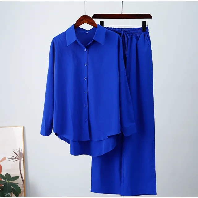 Autumn And Winter New Loose Elastic Wrinkle Long sleeved Shirt Wide leg Pants Casual Suit Blue - Shop at LoveMi