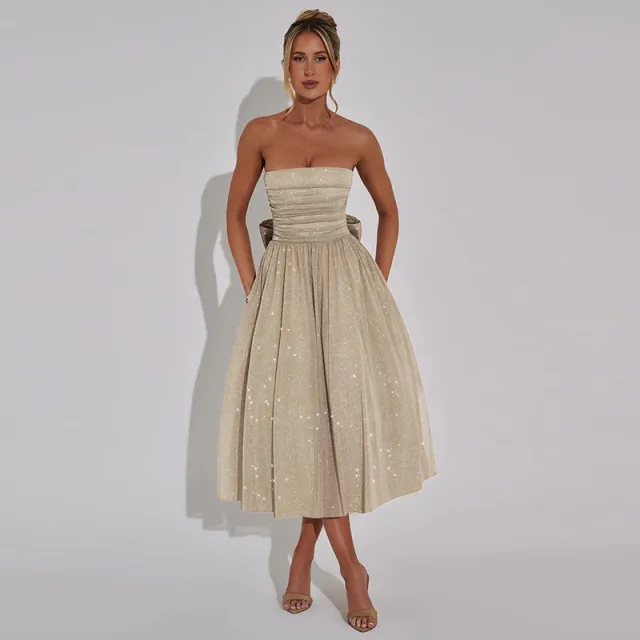 Summer Elegant Sweet And Spicy Solid Color Tube Top Off shoulder Dress Camel - Shop at LoveMi