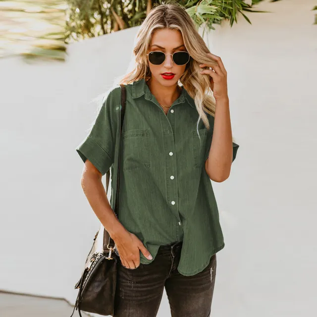 Casual All matching Lapel Solid Color Simple Shirt Lc255917 Green - Shop at LoveMi