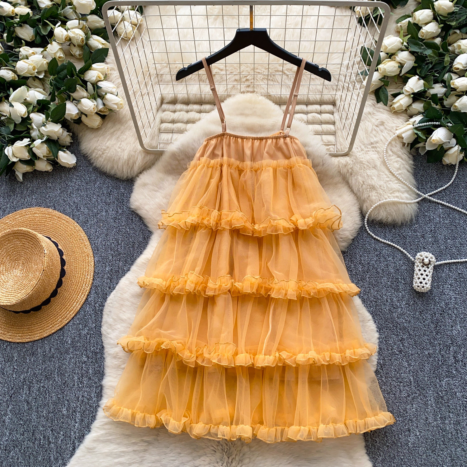 Womens Solid-Color Ruffle-trimmed Tiered Strap Dress