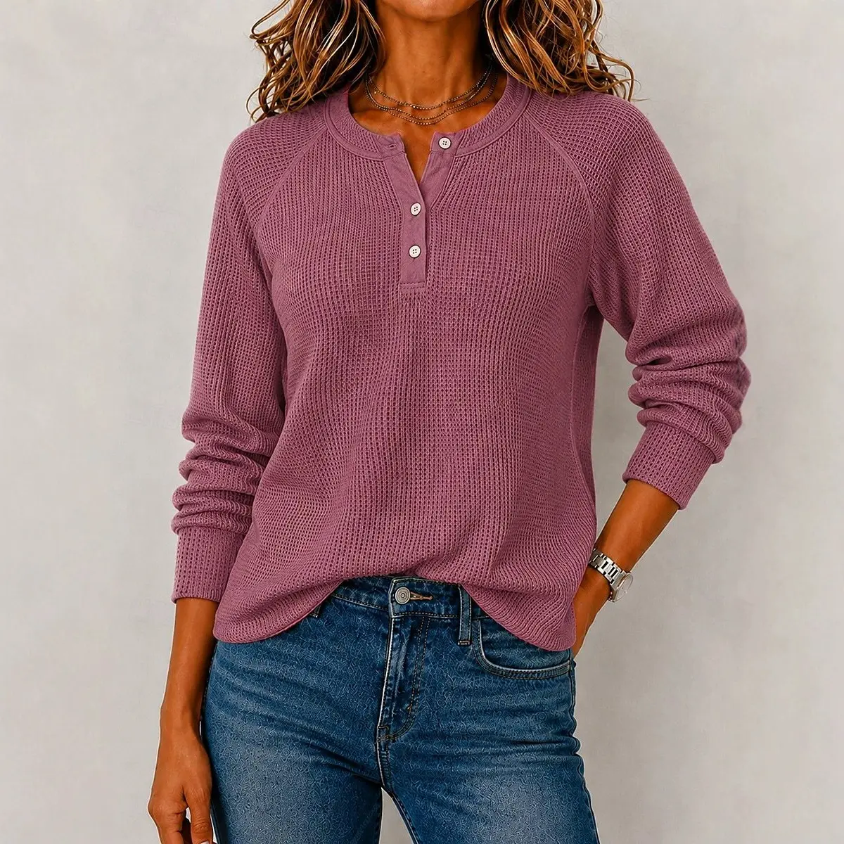 Womens Long-sleeve Button-front Loose-fit Casual Top