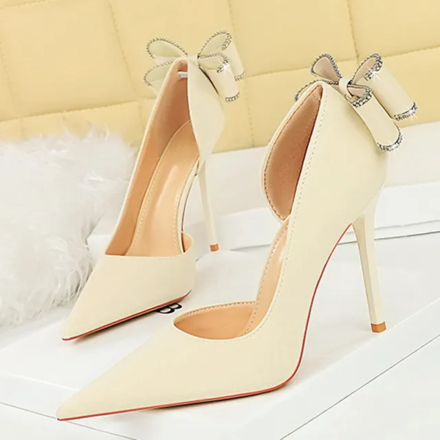 Sexy Low cut Pointed Toe Rhinestone Stiletto Heel High Heels Beige - Shop at LoveMi