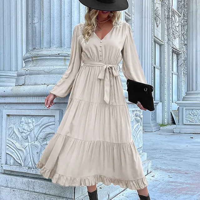 Casual Long Sleeve Solid Color Dress Draping Effect Apricot - Shop at LoveMi