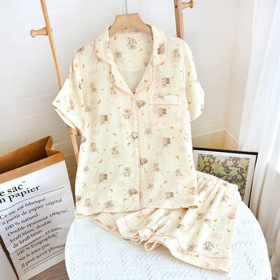 Summer Double-layer Yarn Purified Cotton Short Sleeve Pajamas Suit