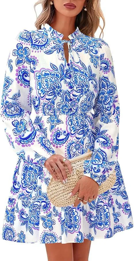 Elegant V neck Flower Lace up Long Sleeve Dress Blue - Shop at LoveMi