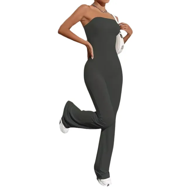 Solid Color Strapless Tube Top Flared Fit One piece Trousers Graphite Color - Shop at LoveMi