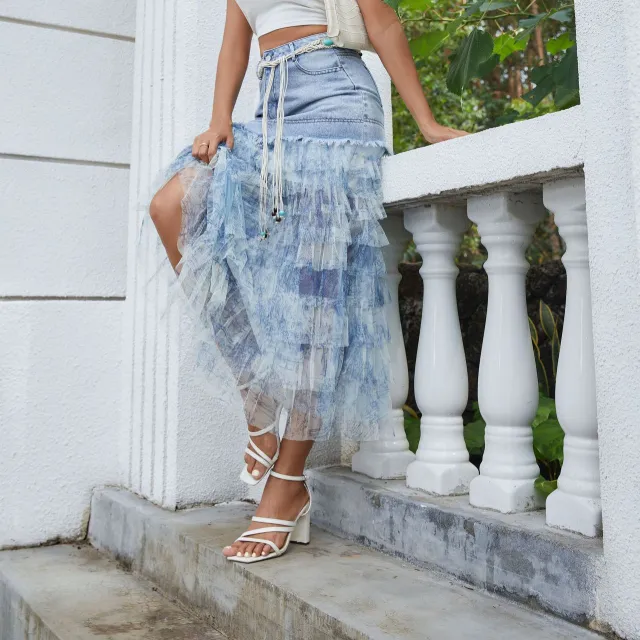 Mesh Floral Stitching Denim Skirt Floral - Shop at LoveMi