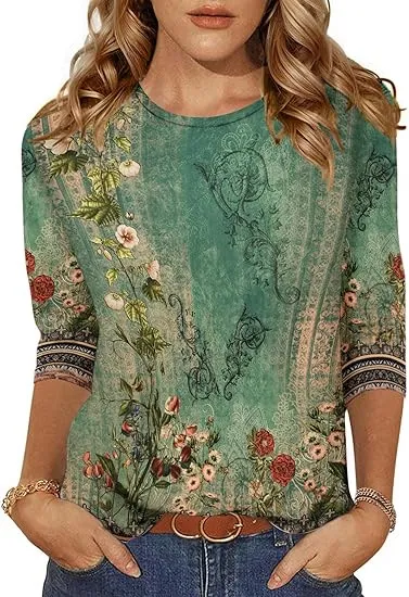 Women's Three quarter Sleeve T shirt Top Flower Color 2 - Shop at LoveMi